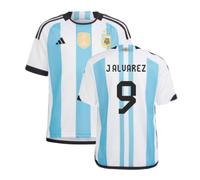 Argentina Junior 2022 World Cup Winners Home Shirt - J Alvarez 9 in Blue | Size: 13-14 Years Argentina Blue 13-14 Years