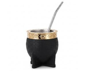 Argentine Mate, Black Imperial Argentine Mate Cup - Stainless Steel Pumpkin with Carved Rim & Straw, Insulated for Hot/Cold Drinks