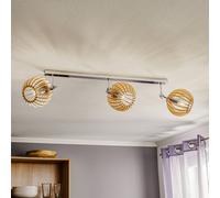 Argon Paz ceiling lamp, chrome, wooden slat globe, 3-bulb