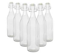 Argon Tableware 1.1 Litre Glass Bottles with Swing Top - Clear - 6x Reusable Empty Water Wine Milk Olive Oil Juice Gin Home Brew Brewing Drinking Fridge Dispenser Storage Jars with Stopper Lid