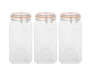 Argon Tableware 1.7L Square Glass Jars with Clip-top Lids - 3pc Airtight Kitchen Mason Jar Food Storage Preserving Container for Pickling, Chutney, Jam, Coffee, Oats