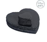 Argon Tableware 12 Piece Heart Slate Placemats & Coasters Set - Black Natural Stone Dinnerware Plate Placemats Drink Mats for Kitchen, Home, Bar, Restaurant, Weddings, Events