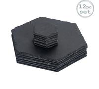 Argon Tableware 12Pc Hexagonal Slate Placemats & Coasters Set - Black Natural Stone Dinnerware Plate Placemats Drink Mats