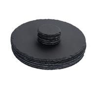 Argon Tableware 12Pc Round Slate Placemats & Round Coasters Set - Black Natural Stone Dinnerware Plate Placemats Drink Mats