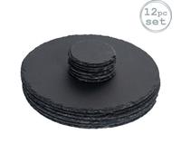 Argon Tableware 12Pc Slate Placemats & Coasters Set - Round Black Natural Stone Dinnerware Plate Placemats Drink Mats