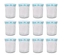 Argon Tableware Glass Jam Jars with Airtight Blue Gingham Lids - 150ml - Pack of 12 - Empty Screw Top Kitchen Storage Jar for Food, Honey, Spice, Pickling, Preserving, Candle Making