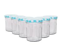Argon Tableware Glass Jam Jars with Airtight Blue Gingham Lids - 150ml - Pack of 6 - Empty Screw Top Kitchen Storage Jar for Food, Honey, Spice, Pickling, Preserving, Candle Making