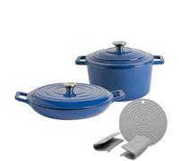 Argon Tableware 2.3L & 4.5L Shallow Cast Iron Casserole Dish Set with Self-Basting Lids - Midnight Blue - Induction Hob Cooking Dutch Oven Bread Baking Serving Roasting Stew Stock Pot Cookware Pan