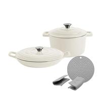 Argon Tableware 2.3L & 4.5L Shallow Cast Iron Casserole Dish Set with Self-Basting Lids - Pebble Gloss - Induction Hob Cooking Dutch Oven Bread Baking Serving Roasting Stew Stock Pot Cookware Pan