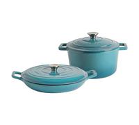 Argon Tableware 2.3L & 4.5L Shallow Cast Iron Casserole Dish Set with Self-Basting Lids - Teal Ombre - Induction Hob Cooking Dutch Oven Bread Baking Serving Roasting Stew Stock Pot Cookware Pan
