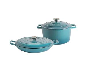 Argon Tableware 2.3L & 4.5L Shallow Cast Iron Casserole Dish Set with Self-Basting Lids - Teal Ombre - Induction Hob Cooking Dutch Oven Bread Baking Serving Roasting Stew Stock Pot Cookware Pan