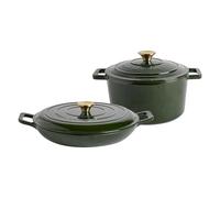 Argon Tableware 2.3L/4.68L Shallow Cast Iron Casserole Dish Set with Self-Basting Lids - Green - 2pc Induction Hob Cooking Dutch Oven Bread Baking Serving Roasting Stew Stock Pot Cookware Pan