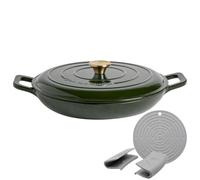 Argon Tableware 2.3L Shallow Cast Iron Casserole Dish with Self-Basting Lid - Green - Induction Hob Cooking 2.43QT Dutch Oven Bread Baking Serving Roasting Stew Stock Pot Cookware Pan