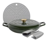 Argon Tableware 2.3L Shallow Cast Iron Casserole Dish with Self-Basting Lid - Green - Induction Hob Cooking 2.43QT Dutch Oven Bread Baking Serving Roasting Stew Stock Pot Cookware Pan