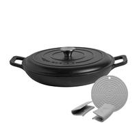 Argon Tableware 2.3L Shallow Cast Iron Casserole Dish with Self-Basting Lid - Matte Black - Induction Hob Cooking 2.43QT Dutch Oven Bread Baking Serving Roasting Stew Stock Pot Pan