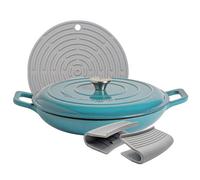 Argon Tableware 2.3L Shallow Cast Iron Casserole Dish with Self-Basting Lid - Teal Ombre - Induction Hob Cooking 2.43QT Dutch Oven Bread Baking Serving Roasting Stew Stock Pot Pan