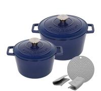 Argon Tableware Round Cast Iron Casserole Dish Set with Self-Basting Lid - 2.8L / 4.5L - Midnight Blue - 2 Piece Induction Hob Cooking Dutch Oven Bread Baking Serving Roasting Stew Stock Pot Cookware