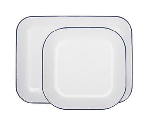 Argon Tableware 2 Piece Baking Tray Set - Blue Rim - Lightweight Metal Rectangular Enamel Oven Tray Kitchen Bakeware Flat Cooking Pan for Roasting, Baking