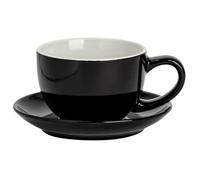 Argon Tableware Black Cappuccino Cup with Saucer - 250ml Dishwasher Safe Gloss Stoneware Cappuccino Cups and Saucer Set Coffee Mugs with Handle and Grooved Plate