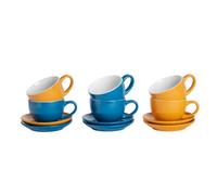 Argon Tableware 12 Piece Coloured Cappuccino Cup & Saucer Set - Modern Stoneware Tea & Coffee Cups - 250ml - Blue/Yellow
