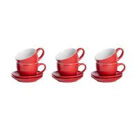Argon Tableware Red Cappuccino Cups with Saucers - Set of 6-250ml Dishwasher Safe Gloss Stoneware Cappuccino Cups and Saucer Set Coffee Mugs with Handle and Grooved Plate