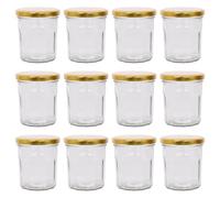 Argon Tableware Glass Jam Jars with Airtight Gold Lids - 250ml - Pack of 12 - Empty Screw Top Kitchen Storage Jar for Food, Honey, Spice, Pickling, Preserving, Candle Making
