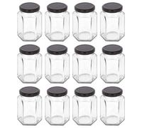 Argon Tableware 250ml Hexagonal Glass Jam Jars with Black Lids - 12x Empty Screw Top Kitchen Food Honey Spice Chutney Preserving Canning Storage Jar Container Glasses Set