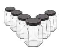 Argon Tableware 250ml Hexagonal Glass Jam Jars with Black Lids - 6x Empty Screw Top Kitchen Food Honey Spice Chutney Preserving Canning Storage Jar Container Glasses Set