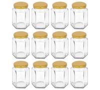Argon Tableware 250ml Hexagonal Glass Jam Jars with Gold Lids - 12x Empty Screw Top Kitchen Food Honey Spice Chutney Preserving Canning Storage Jar Container Glasses Set