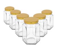 Argon Tableware 250ml Hexagonal Glass Jam Jars with Gold Lids - 6x Empty Screw Top Kitchen Food Honey Spice Chutney Preserving Canning Storage Jar Container Glasses Set