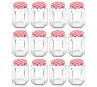 Argon Tableware 250ml Hexagonal Glass Jam Jars with Red Gingham Lids - 12x Empty Screw Top Kitchen Food Honey Spice Chutney Preserving Canning Storage Jar Container Glasses Set