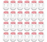 Argon Tableware 250ml Hexagonal Glass Jam Jars with Red Gingham Lids - 24x Empty Screw Top Kitchen Food Honey Spice Chutney Preserving Canning Storage Jar Container Glasses Set
