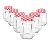 Argon Tableware 250Ml Glass Jam Jars With Red Gingham Lids - Set Of 6 Hexagonal Empty Screw Top Kitchen Storage Preserving Jar