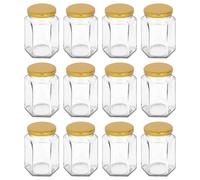 Argon Tableware 250ml Hexagonal Glass Jam Jars - Set of 12 - Empty Screw Top Preserving Jar in Gold Argon Tableware Gold