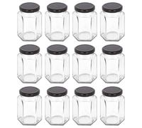 Argon Tableware 250ml Hexagonal Glass Jam Jars with Black Lids - 12x Empty Screw Top Kitchen Food Honey Spice Chutney Preserving Canning Storage Jar Container Glasses Set