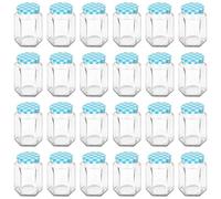 Argon Tableware 250ml Hexagonal Glass Jam Jars with Blue Gingham Lids - 24x Empty Screw Top Kitchen Food Honey Spice Chutney Preserving Canning Storage Jar Container Glasses Set