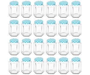 Argon Tableware 250ml Hexagonal Glass Jam Jars with Blue Gingham Lids - 24x Empty Screw Top Kitchen Food Honey Spice Chutney Preserving Canning Storage Jar Container Glasses Set