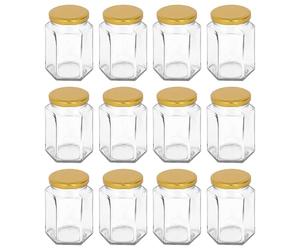Argon Tableware 250ml Hexagonal Glass Jam Jars with Gold Lids - 12x Empty Screw Top Kitchen Food Honey Spice Chutney Preserving Canning Storage Jar Container Glasses Set