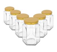 Argon Tableware 250ml Hexagonal Glass Jam Jars with Gold Lids - 6x Empty Screw Top Kitchen Food Honey Spice Chutney Preserving Canning Storage Jar Container Glasses Set