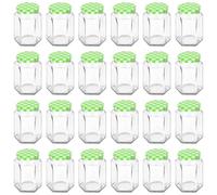 Argon Tableware 250ml Hexagonal Glass Jam Jars with Green Gingham Lids - 24x Empty Screw Top Kitchen Food Honey Spice Chutney Preserving Canning Storage Jar Container Glasses Set
