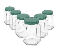 Argon Tableware 250ml Hexagonal Glass Jam Jars with Green Lids - 6x Empty Screw Top Kitchen Food Honey Spice Chutney Preserving Canning Storage Jar Container Glasses Set
