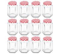 Argon Tableware 250ml Hexagonal Glass Jam Jars with Red Gingham Lids - 12x Empty Screw Top Kitchen Food Honey Spice Chutney Preserving Canning Storage Jar Container Glasses Set