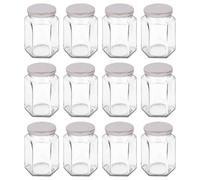 Argon Tableware 250ml Hexagonal Glass Jam Jars with Silver Lids - 12x Empty Screw Top Kitchen Food Honey Spice Chutney Preserving Canning Storage Jar Container Glasses Set