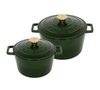 Argon Tableware Round Cast Iron Casserole Dish Set with Self-Basting Lid - 2.8L / 4.5L - Green - 2 Piece Induction Hob Cooking Dutch Oven Bread Baking Serving Roasting Stew Stock Pot Cookware