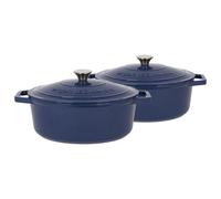 2x Oval Cast Iron Casserole Dishes with Self Basting Lid - 4.68 Litre Argon Tableware Blue One Size