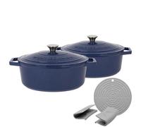 Argon Tableware 2X Oval Cast Iron Casserole Dishes With Self-Basting Lid - Midnight Blue - 4.68 Litre Dutch Oven Roasting Dish Pot