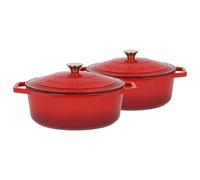 Argon Tableware 2X Oval Cast Iron Casserole Dishes With Self-Basting Lid - Red Ombre - 4.68 Litre Dutch Oven Roasting Dish Pot