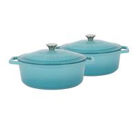 Argon Tableware 2X Oval Cast Iron Casserole Dishes With Self-Basting Lid - Teal Ombre - 4.68 Litre Dutch Oven Roasting Dish Pot