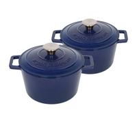 2x Round Cast Iron Casserole Dishes with Self Basting Lid - 2.8 Litre Argon Tableware Blue One Size