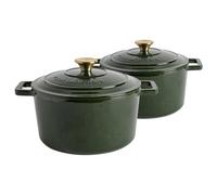 Argon Tableware 2X Round Cast Iron Casserole Dishes With Self-Basting Lid - Green - 4.5 Litre Dutch Oven Roasting Dish Pot
